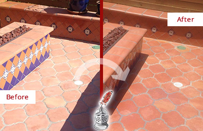 Sir Grout Seals this Dull Altoona Terracotta Patio Floor For UV Protection Before and After Picture of a Dull Altoona Terracotta Patio Floor Sealed For UV Protection
