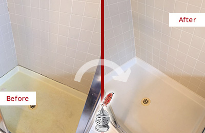 Before and After Picture of a Mount Plymouth Shower Sealed to Remove and Protect Against Mold