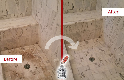 Before and After Picture of a Dirty Lake Mack Forest Hills Marble Shower Cleaned to Eliminate Dark Stains