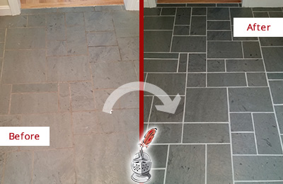 Before and After Picture of a Bassville Park Slate Floor Cleaned to Remove Deep-Seated Dirt