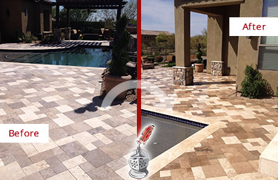 Before and After Picture of a Dull Howey-in-the-Hills Travertine Pool Deck Cleaned to Recover Its Original Colors