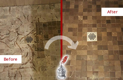 Sir Grout Cleans this Stained Okahumpka Shower Marble Floor to Remove Etch Marks Before and After Picture of a Stained Okahumpka Marble Shower Floor Cleaned to Remove Etching