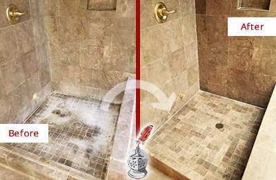 Sir Grout Cleans this Okahumpka Travertine Shower to Eliminate Water Spots Before and After Picture of a Okahumpka Travertine Shower Cleaned to Eliminate Water Spots