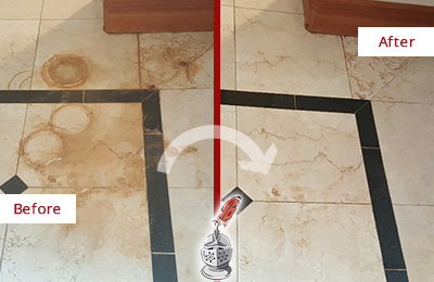 Before and After Picture of a Mount Dora Marble Floor Cleaned to Eliminate Rust Stains