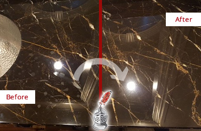 Sir Grout Cleans this Okahumpka Marble Countertop to Remove Water Spots Before and After Picture of a Okahumpka Marble Countertop Cleaned to Remove Water Spots