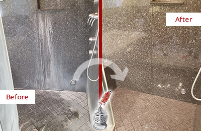 Before and After Picture of a Longwood Granite Shower Stone Sealed to Avoid Mineral Deposits