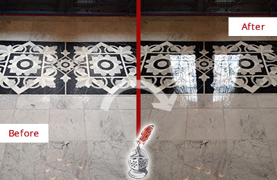 Sir Grout Seals the Stone of this Longwood Marble Floor to Recover Its Sheen Before and After Picture of a Longwood Marble Stone Sealed to Recover Its Sheen