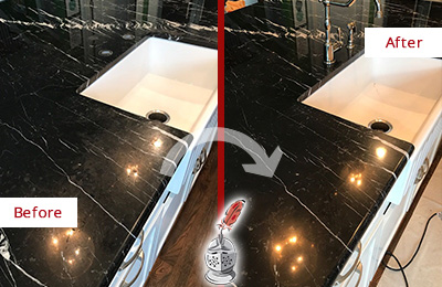 Before and After Picture of a Pine Lakes Marble Kitchen Countertop Stone Sealed to Avoid Water Damage