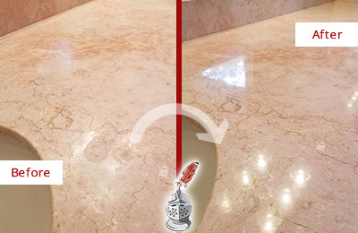 Before and After Picture of a Pine Lakes Marble Stone Vanity Top Sealed to Avoid Water Marks