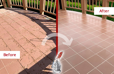 Before and After Picture of a Longwood Hard Surface Restoration Service on a Tiled Deck