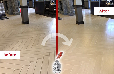 Sir Grout Restored This Lisbon Office Lobby Tile Floor to Remove Embedded Dirt Before and After Picture of a Lisbon Hard Surface Restoration Service on an Office Lobby Tile Floor to Remove Embedded Dirt