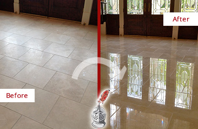 Sir Grout Restored This Lisbon Dull Travertine Floor to Recover Its Splendor with a Stone Polishing Service Before and After Picture of a Lisbon Hard Surface Restoration Service on a Dull Travertine Floor Polished to Recover Its Splendor