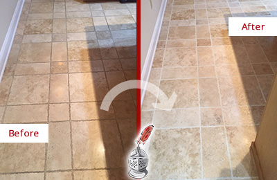 Before and After Picture of Gram Island Kitchen Floor Grout Cleaned to Recover Its Color