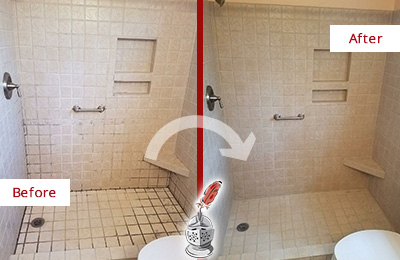 Before and After Picture of a The Villages Shower Grout Cleaned to Remove Mold