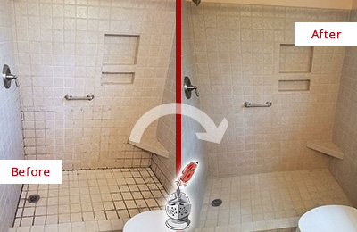 Sir Grout Cleans the Grout on this Longwood Moldy Shower Before and After Picture of a Longwood Shower Grout Cleaned to Remove Mold