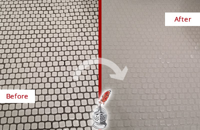 Before and After Picture of a Howey-in-the-Hills Mosaic Tile floor Grout Cleaned to Remove Dirt