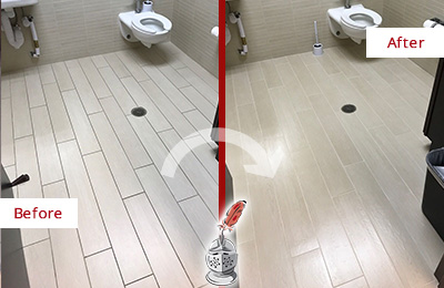 Before and After Picture of a Astatula Office Restroom's Grout Cleaned to Remove Dirt