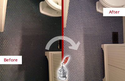 Sir Grout Recolors the Grout on this Mount Plymouth Blue Tile Floor Before and After Picture of a Mount Plymouth Blue Tile Floor Recolored Grout