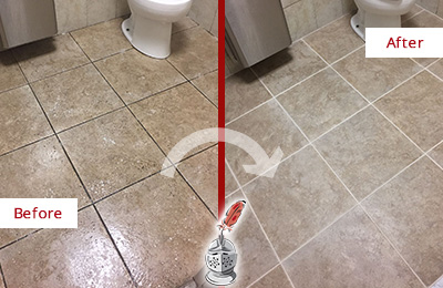 Before and After Picture of a Minneola Office Restroom Floor Recolored Grout