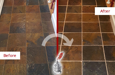 Sir Grout Recolors the Grout of this Mount Plymouth Slate Floor Before and After Picture of a Mount Plymouth Slate Floor Recolored Grout