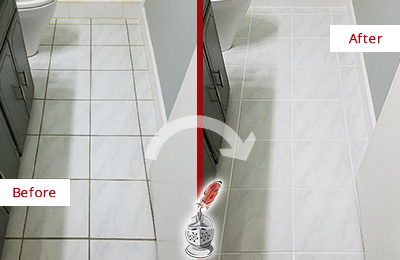 Before and After Picture of a Gram Island White Ceramic Tile with Recolored Grout