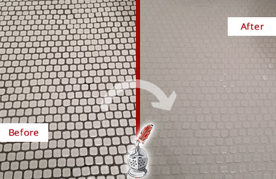 Sir Grout Recolors the Grout of this Mount Plymouth White Mosaic Tile Before and After Picture of a Mount Plymouth White Mosaic Tile Recolored Grout