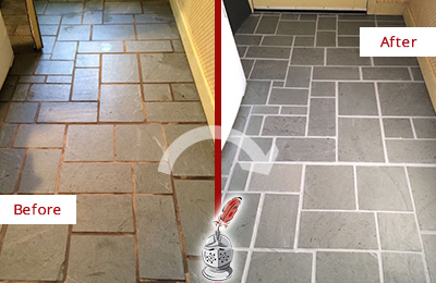 Before and After Picture of Damaged Wekiwa Springs Slate Floor with Sealed Grout