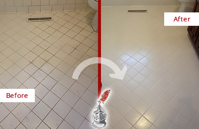 Sir Grout Seals the Grout of this Montverde White Bathroom Floor for Extra Protection Before and After Picture of a Montverde White Bathroom Floor Grout Sealed for Extra Protection