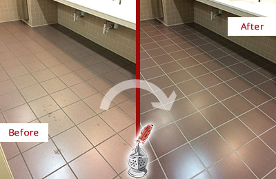 Sir Grout Seals the Grout on this Montverde Office Restroom to Refresh Its Look Before and After Picture of Dirty Montverde Office Restroom with Sealed Grout