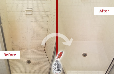 Before and After Picture of a Orange Bend Bathroom Grout Sealed to Remove Mold