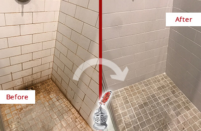 Before and After Picture of a Lake Shower Grout Sealed to Eliminate Mold