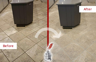 Before and After Picture of a Four Corners Kitchen Floor Grout Sealed to Remove Stains