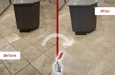Sir Grout Seals this Stained Montverde Kitchen Floor Grout to Remove Stains Before and After Picture of a Montverde Kitchen Floor Grout Sealed to Remove Stains
