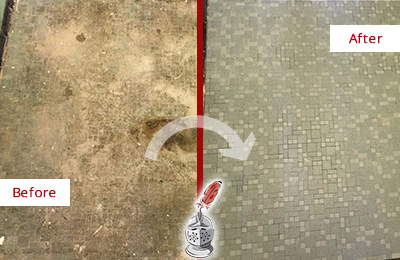 Before and After Picture of a Yalaha Mosaic Shower Cleaned to Eliminate Embedded Dirt