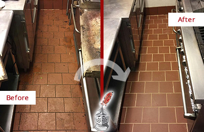Sir Grout Cleans this Orange Bend Restaurant Kitchen Floor to Remove Grease Build-Up Before and After Picture of a Dull Orange Bend Restaurant Kitchen Floor Cleaned to Remove Grease Build-Up