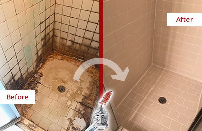 Sir Grout Cleans this Orange Bend Ceramic Shower to Remove Grime Before and After Picture of a Orange Bend Ceramic Shower Cleaned to Remove Grime