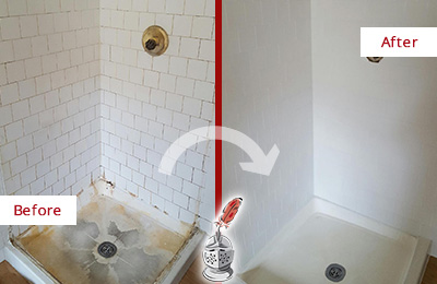 Before and After Picture of a Winter Springs Shower Cleaned to Eliminate Mold