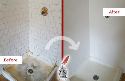 Sir Grout Cleans this Orange Bend Shower Cleaned to Eliminate Mold Before and After Picture of a Orange Bend Shower Cleaned to Eliminate Mold