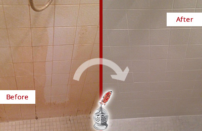 Before and After Picture of a Silver Lake Porcelaine Shower Cleaned to Remove Soap Scum